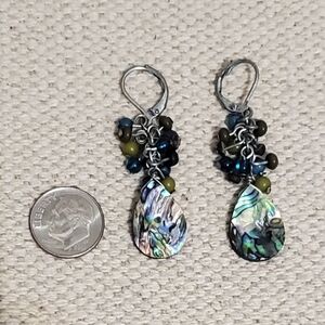Abalone Shell, Beaded Earrings, Vintage 2" Drop, Dangle.